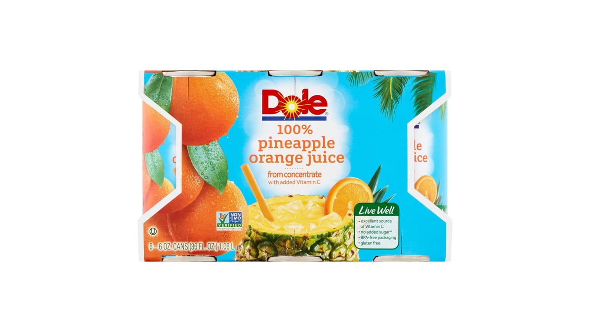 Dole 100% Juice Pineapple Orange Cans (6 oz x 6 ct)